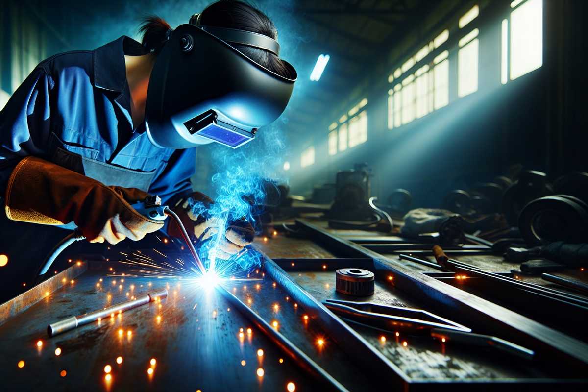 A stock photo depicting a professional welder in action, utilizing flux-core arc welding equipment. The image captures the intense glow of the arc, with sparks flying as the welder joins thick metal plates. The setting is an industrial workshop with dim lighting, highlighting the bright arc and the concentration of the skilled welder wearing safety gear.