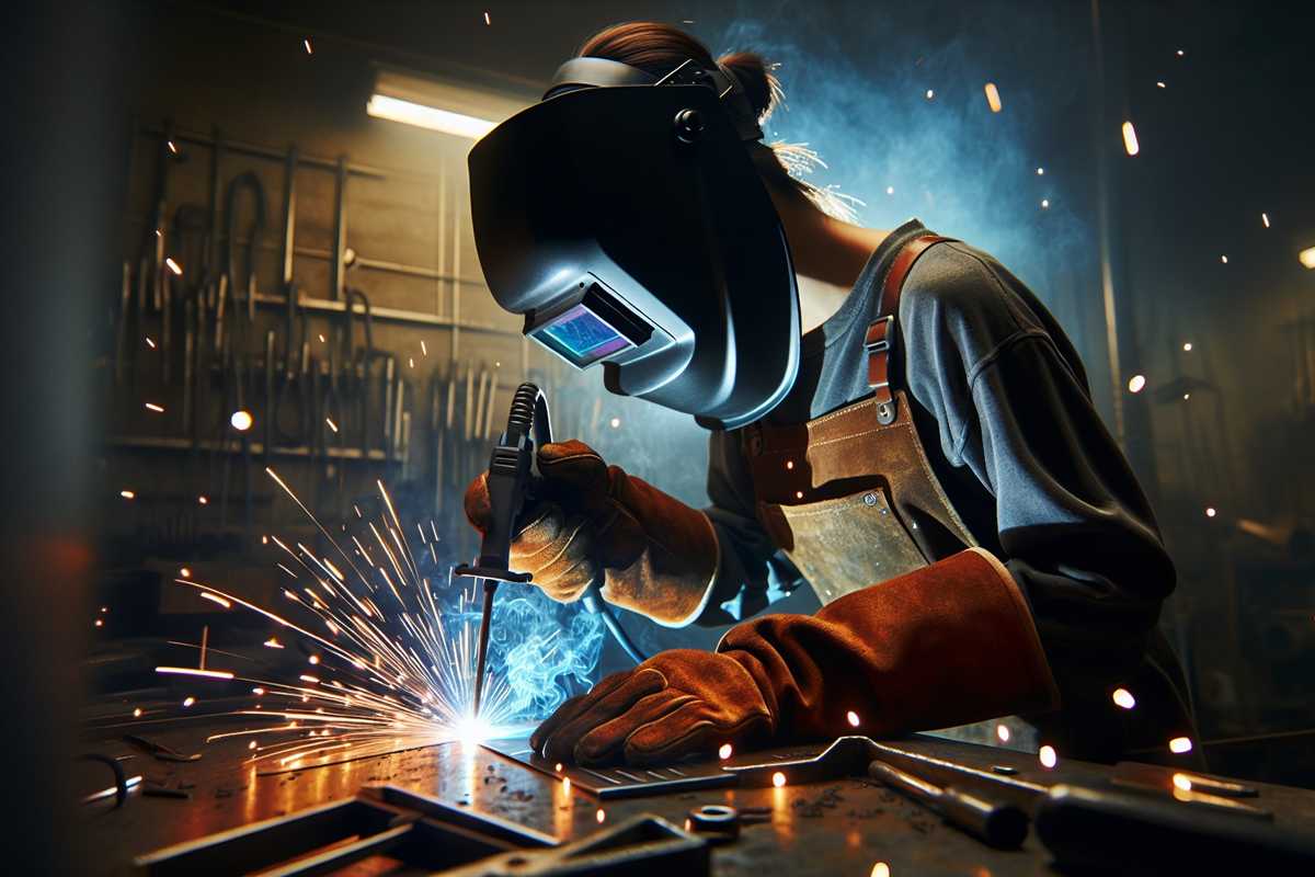 A stock photo of a welder in protective gear, working with an arc welder. Sparks fly as the welder focuses on fusing metals, with a clear emphasis on safety equipment such as a helmet, gloves, and apron against a dark industrial background.