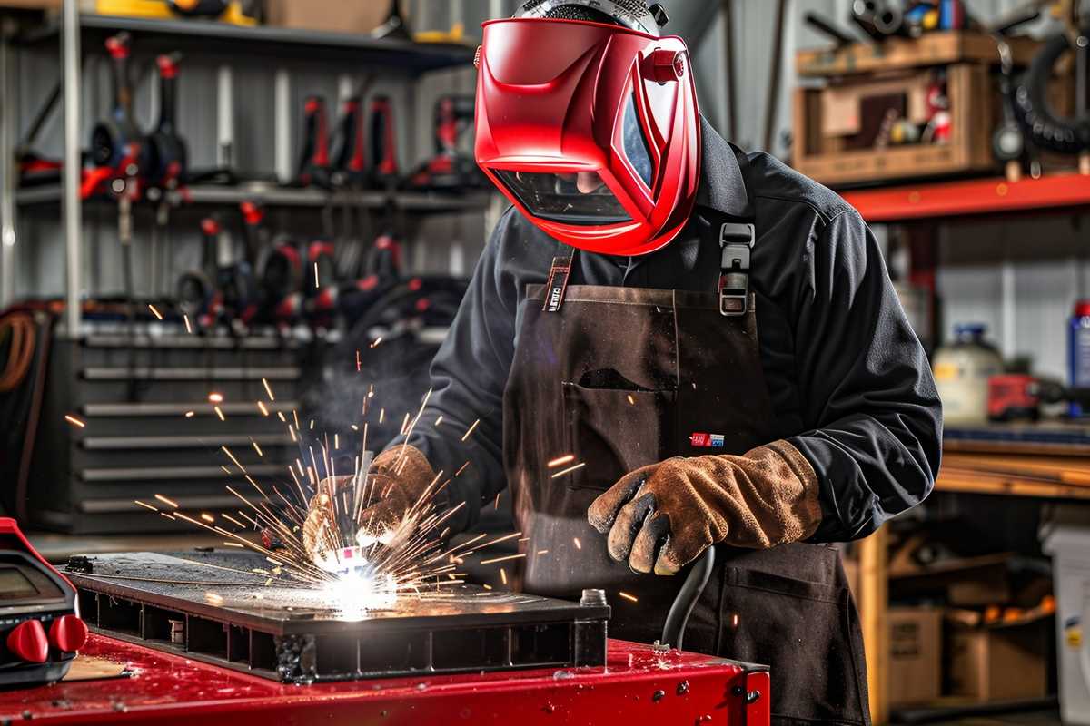 A stock photo depicting a professional welder in protective gear working on a metal welding project in a well-organized workshop, with sparks flying from the welding torch. The image captures the precision and intensity of the welding process, highlighting various tools and equipment in the background.