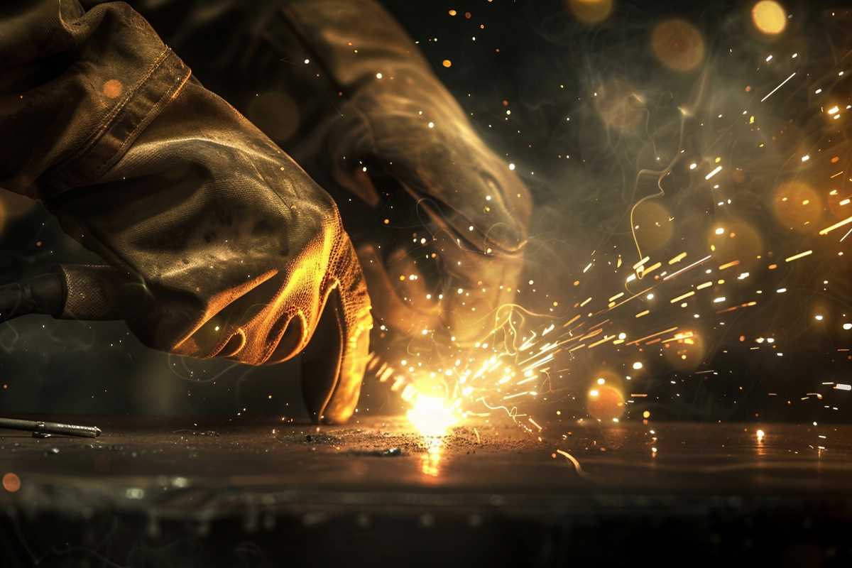 A stock photo depicting a MIG welding process in action, showcasing sparks flying from the welding gun as it fuses metal parts. The image captures the precision and intensity of the technique, with a focus on the welder's gloved hands guiding the tool over a metallic surface, set against a dark, industrial backdrop.