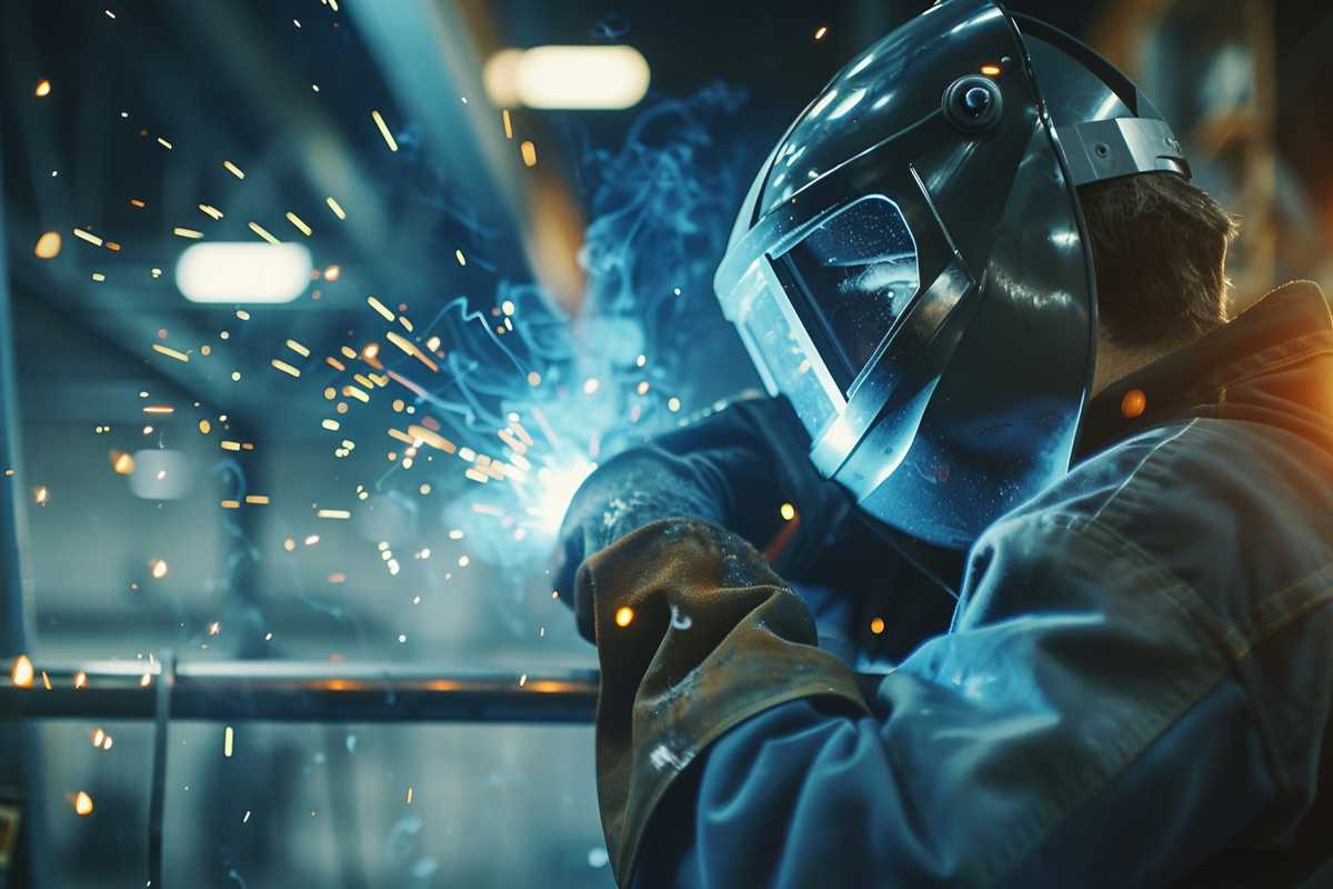 A stock photo of a professional welder in safety gear, TIG welding stainless steel in a well-lit workshop, with sparks flying around as the welder focuses on creating a precise and clean weld on a stainless steel structure.