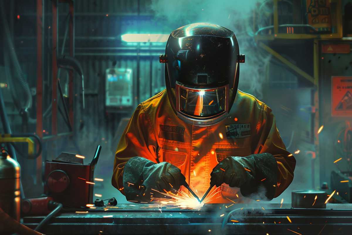 A detailed image showing a close-up of a welder in protective gear meticulously inspecting a weld on a metal structure. Sparks fly as the welder works with precision tools under bright lights, highlighting the intense focus required in weld testing. The background shows a variety of welding equipment and safety signs, emphasizing the industrial setting and the critical nature of the task at hand.