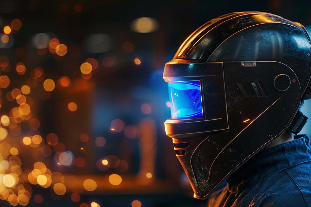 A stock photo of a welder in protective gear, focusing on the auto-darkening welding helmet. The image captures the helmet's sleek design, with an emphasis on the visor's sensors and the sturdy headgear. The background shows a welding environment with sparks flying, highlighting the helmet's importance in such settings. The color palette is dominated by oranges and blues, reflecting the heat of welding and the coolness of safety.