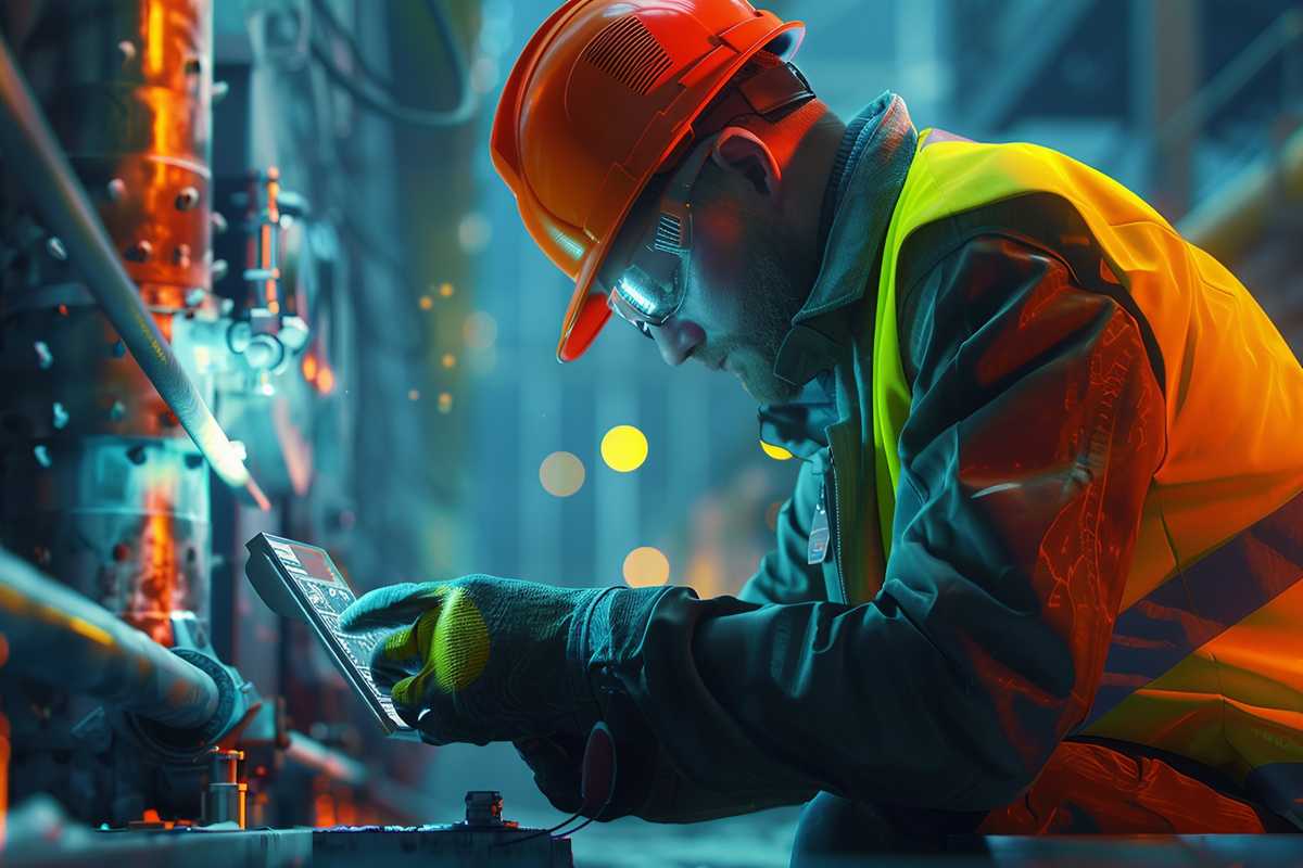 A detailed image showing a professional inspector with safety gear examining a complex welded structure using advanced non-destructive testing equipment. The setting is an industrial environment with visible steel beams and welding tools. The image captures the precision and attention to detail required in the inspection process, with a focus on the inspector's use of technology to detect any imperfections in the welds.