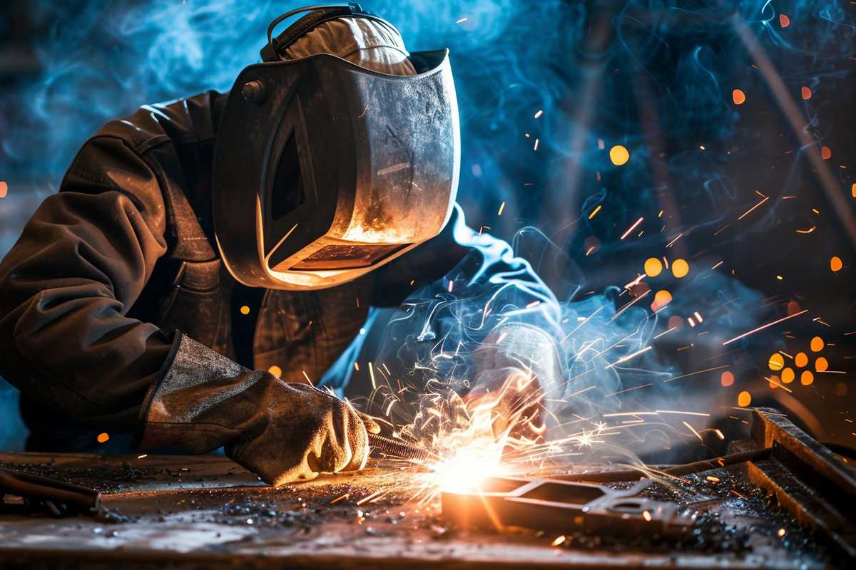 A stock photo of a professional welder in protective gear holding a welding torch with sparks flying around. The setting is an industrial workshop with metalwork pieces and welding equipment. The image captures the intensity and precision of welding work, highlighting the vibrant glow of the torch flame against the dark backdrop of the workshop.