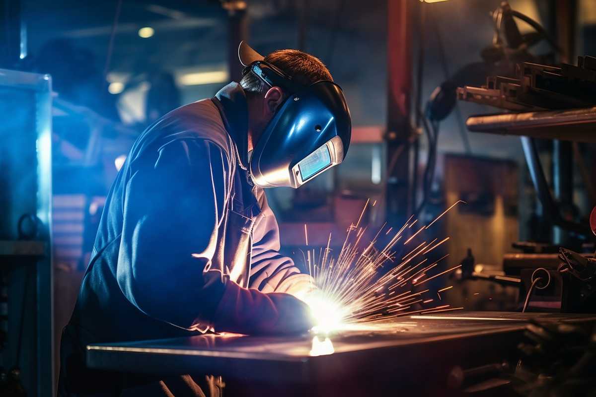 Stock photo of a professional TIG welder at work, wearing safety gear and focusing intently on joining metal pieces. The workshop is well-lit, highlighting the sparks from the welding torch against a backdrop of welding equipment and metal materials.